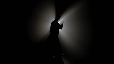 Bir dövüş sanatları ustasının karanlık figürü yeteneklerini geliştirir, güçlü beyaz bir ışığın önünde çeşitli duruşlar sergiler, dramatik aydınlanma ışınları yaratır..