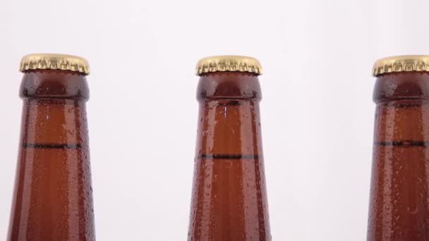 Конвейерные бутылки пива с капельками на белом фоне — стоковое видео