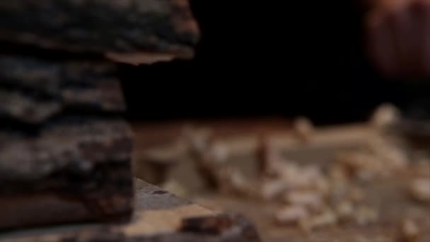 Плотники плоскости и бритья на деревянных досках — стоковое видео