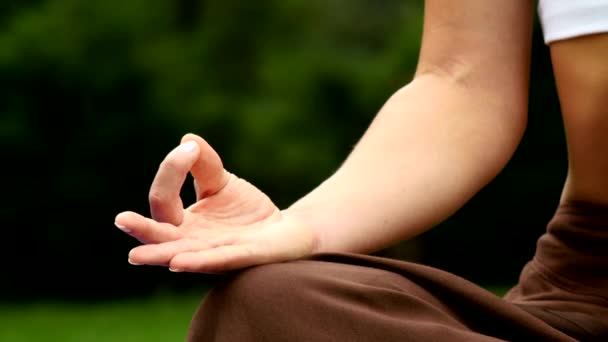 Primer plano de una joven meditando sentada en un parque. Yoga . — Vídeos de Stock