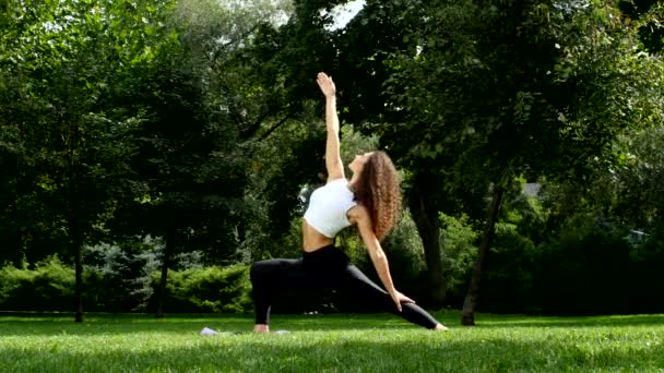 Mulher bonita praticando ioga no parque — Vídeo de Stock