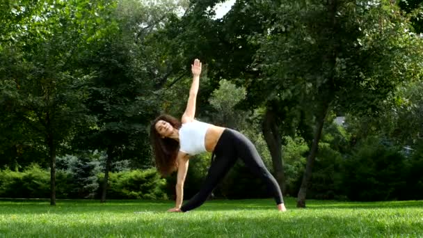 Hermosa mujer practicando yoga en el parque — Vídeo de stock