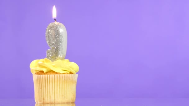 Verjaardag cupcake met kaars nummer negen. — Stockvideo