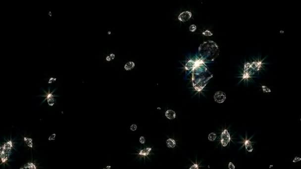 Diamantes mosca sobre fondo negro.3D — Vídeos de Stock