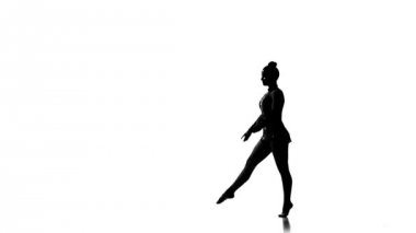 Siluetleri Beautiful Genç acrobat jimnastik dublör gerçekleştirir. ağır çekim