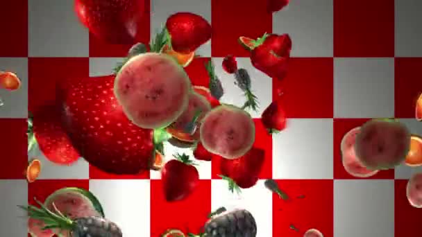 Mosca da fruta em um fundo vermelho-branco. 3D — Vídeo de Stock