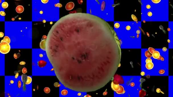 Frutas sobre un fondo negro y azul. 3D — Vídeo de stock