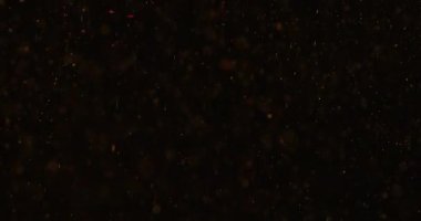 Altın tozunun soyut parçacıkları havada süzülür, koyu sarı bir zemin üzerinde izole edilmiş, rüya gibi ve sinematik bir atmosfer yaratır. Yavaş çekim.