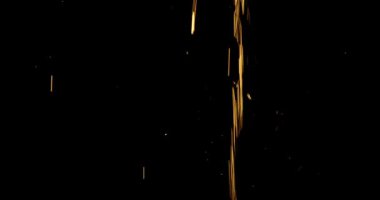 Stüdyonun siyah yalıtımlı arka planına karşı altın ışık huzmelerinde sıvı ağ sıçraması. Sıvı havaya püskürtülür ve ağ parçacıkları düşer. Yavaş çekim.