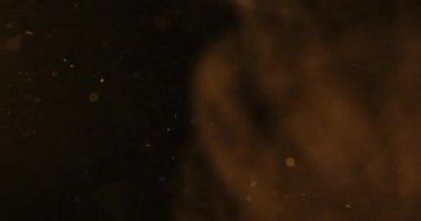 Koyu bir arkaplan üzerinde ışıldayan parçacıklarla zarifçe dönen altın duman. Yavaş çekim.