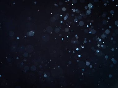 Dumanlı havada rastgele uçuşan küçük toz bulutu, nesne reklamları için boş uzay şablonu. Düşük ışıkta beyaz toz parçacıkları boş siyah kontrastlı arka planda, yakın çekim.