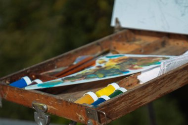 Renkli boya ve fırçalar içeren sanatçı alet kutusunu kapatın, yaratıcılığın canlı araçlarını sergileyin.