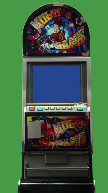 Dnipro, Ukraine - February 17, 2026: Multi Game casino slot machine showing a blue screen. Buttons and display panel on a bright green background, gambling and entertainment concept. Vertical video.