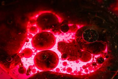 Kırmızı ve beyaz boyanın soyut arkaplanı boşanmalar, çizgiler ve parçacıklar bir çok küçük kabarcıklarla sıvıda asılı, tatsız bir deneysel doku yaratıyor..