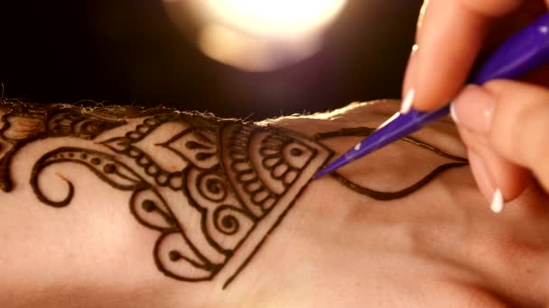 Processo di applicazione mehndi a portata di mano da vicino, luce posteriore, nero — Video Stock