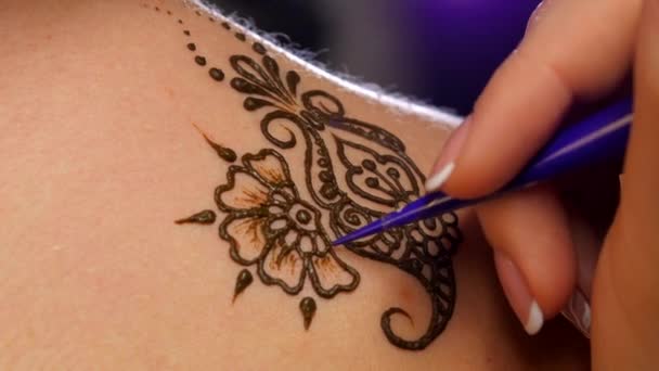 Arte di Mehendi. Master lavora su modelli indietro, da vicino — Video Stock