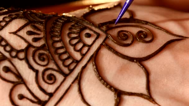 Mulher mão decorada com tatuagem de henna, mehendi, em preto, close-up, cam move-se de cima para baixo — Vídeo de Stock