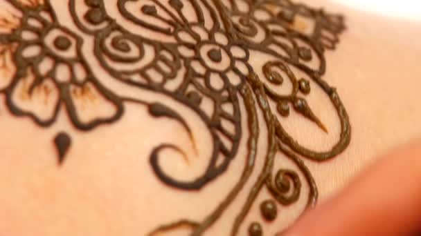 Art of mehendi. Master go on working on models back, close up, cam moves top down — Stock Video