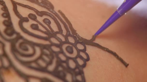 Process of decorating womans back with henna tattoo, mehendi, on black, dynamic change of focus — Stock Video