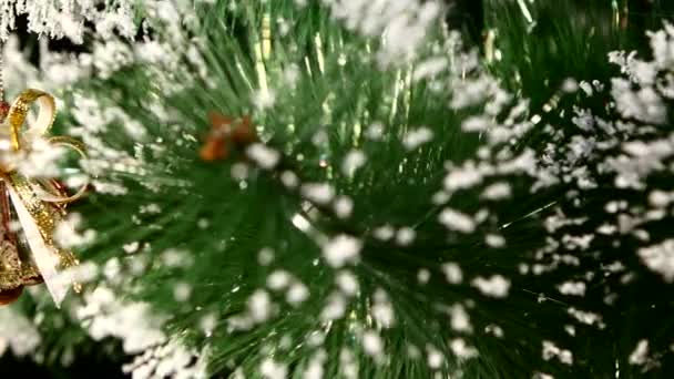 Decorazione natalizia insolita come guscio un giocattolo marrone cristallino su albero, bokeh, luce, nero, ghirlanda, camma si muove a sinistra — Video Stock