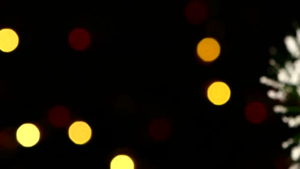 Décoration inhabituelle avec des fleurs - un jouet rond sur l'arbre de Noël, bokeh, lumière, noir, guirlande, came se déplace vers la droite — Video