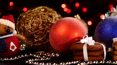 Dekorasyon siyah, bokeh, ışık, garland, soldaki, cam oves ile Noel Tatlılar yakın çekim