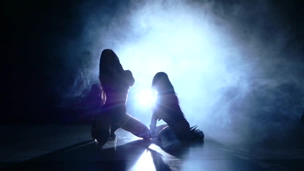 Két fiatal szexi sztriptíz táncos. Lassú mozgás, füst — Stock videók