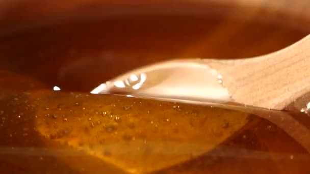 Odebírání medu pomocí lžíce v dřevěné misce, zpomalené, zblízka — Stock video