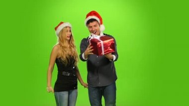 mutlu noel tatili çift, sevgi ve gülümseyen, yeşil ekran, Yavaş hareket