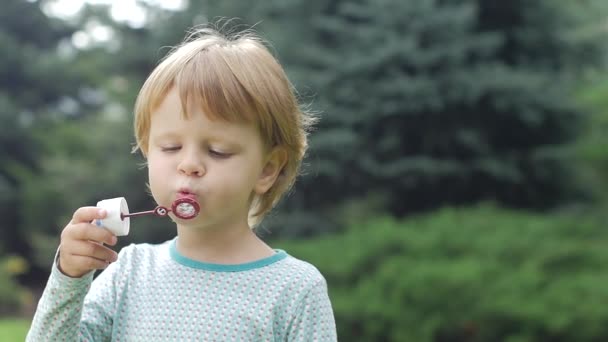 Liten flicka med tvål bubblor. Slow motion. Närbild — Stockvideo