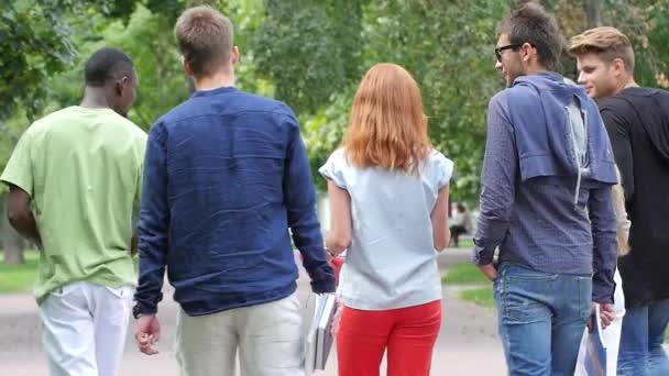 Grupo de estudiantes en sendero al aire libre. Vista trasera. cámara lenta — Vídeos de Stock