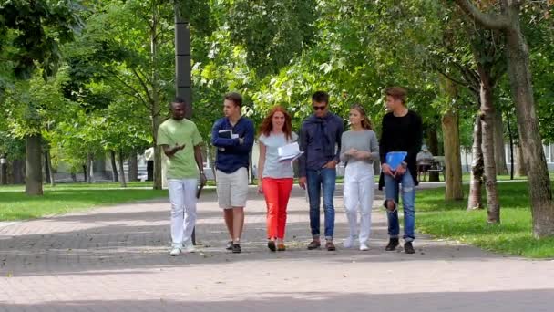 Gruppe von Studenten auf dem Fußweg im Freien. Zeitlupe — Stockvideo