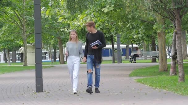 Pár v lásce chůze společně ruku v ruce v parku. Zpomalený pohyb — Stock video