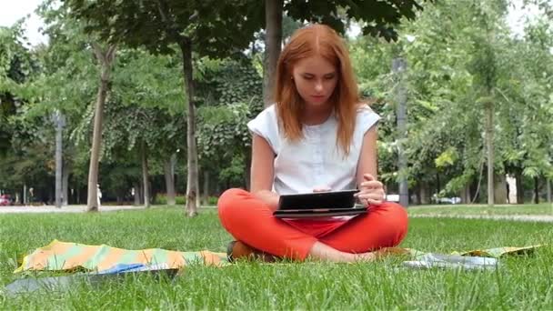 Bir dizüstü bilgisayar, yavaş hareket ile güzel kızıl saçlı kadın — Stok video