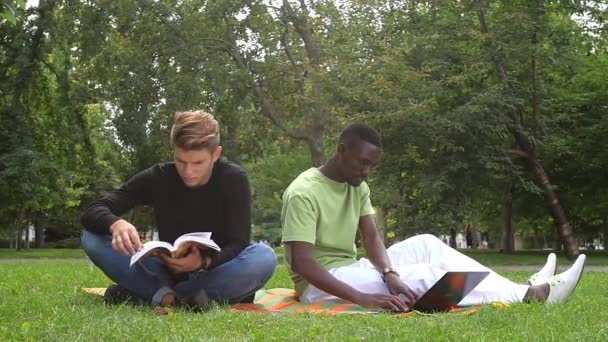 Молодые студенты читают книги в школьном парке. замедленное движение — стоковое видео