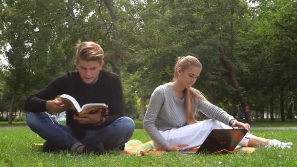 Pareja divertida viendo y compartiendo videos en una tableta en un campo verde. cámara lenta — Vídeos de Stock