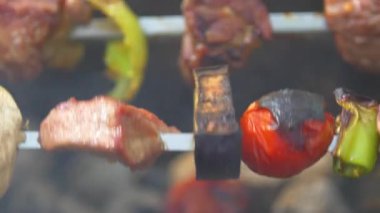 Domuz eti, mantar ve patlıcan dilimi, et pişirilir ve şiş kebap, barbekü, brazier açar