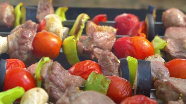 El hombre da vuelta dos pinchos kebabs, barbacoa puesta en brasero — Vídeo de stock