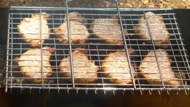 Bistecche di maiale alla griglia su fiamme e carboni, sul braciere — Video Stock