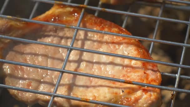 Bistecche di maiale alla griglia su fiamme e carboni, sul braciere, macro, camma si muove a destra — Video Stock