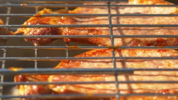 Oben auf Scheiben von gegrillten saftigen Schweinesteaks über Kohlen, auf dem Kohlenbecken, Makro — Stockvideo