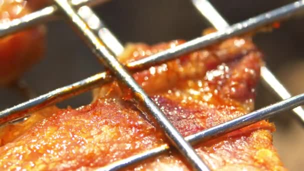 Uma fatia de bifes de porco suculentos grelhados sobre carvão, no braseiro, macro — Vídeo de Stock