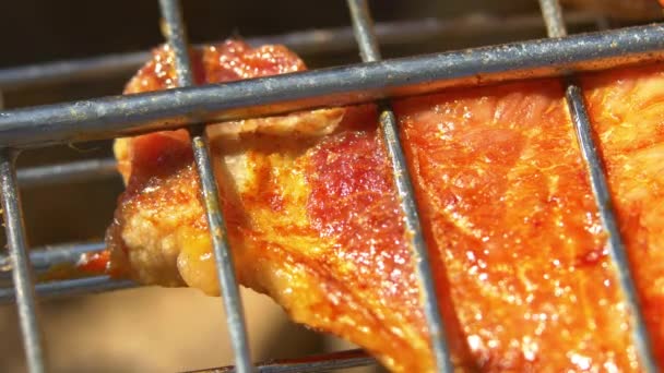 Läcker skiva saftiga fläskkött biffar över kol, grillad, på Brazier, makro — Stockvideo