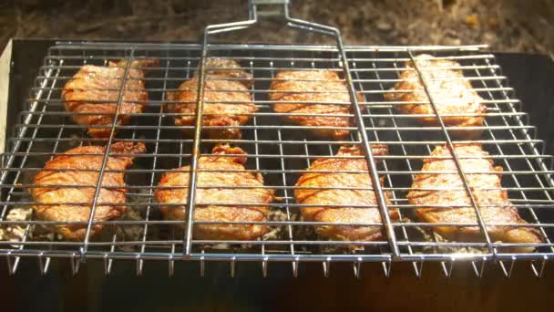 Grillade fläskkött biffar över lågor och kol, på Brazier, vrid och sätta — Stockvideo