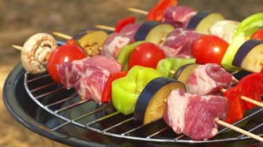 Tavuk, domuz eti ve ızgara barbekü için çeşitli sebzeler, yakın