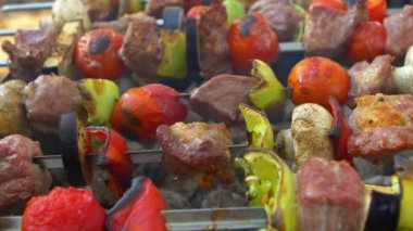 Tavuk, domuz eti ve ızgara, yağ, yakın barbekü için çeşitli sebzeler den çeşitli et