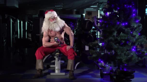 Santa v tělocvičně školení biceps 003 — Stock video