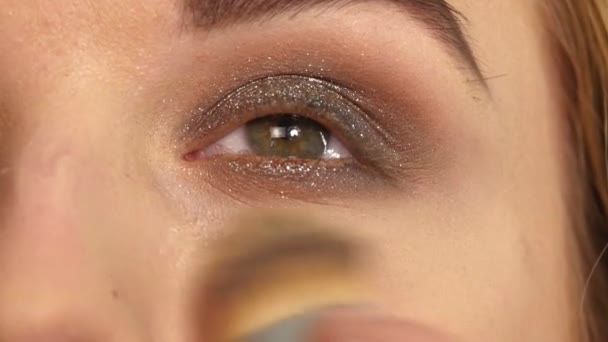 Make-up-Girl, weibliches Teenager-Gesicht mit Make-up-Pinseln und einem Blusher. Nahaufnahme — Stockvideo
