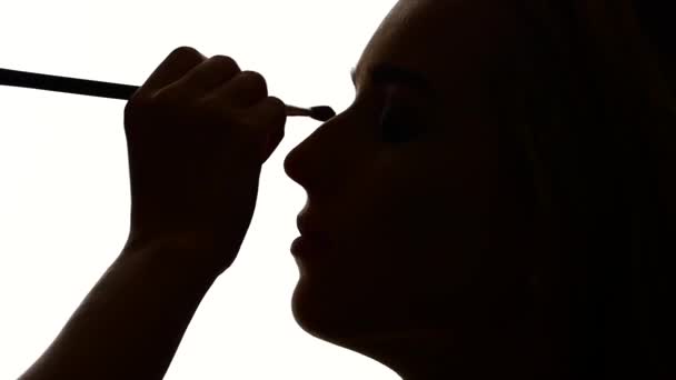 Mujer aplicando sombra de ojos en polvo, de cerca, silueta. Movimiento lento — Vídeo de stock