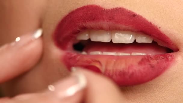 Beautiful young woman getting her makeup. Slow motion — Stock Video